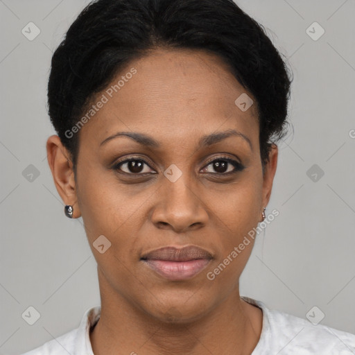 Joyful black young-adult female with short  black hair and brown eyes