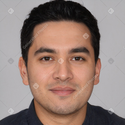 Joyful white young-adult male with short  black hair and brown eyes