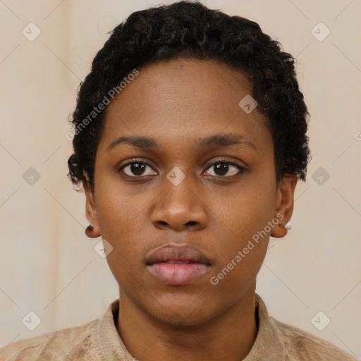 Neutral black young-adult female with short  black hair and brown eyes