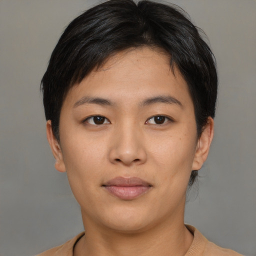 Neutral asian young-adult female with short  black hair and brown eyes