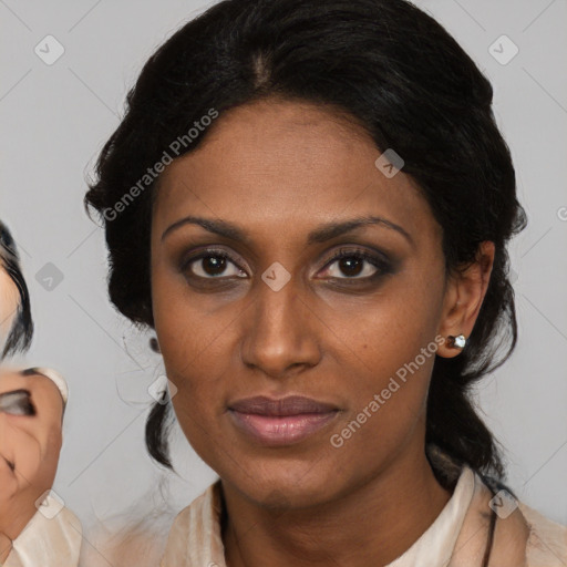 Neutral black young-adult female with medium  brown hair and brown eyes