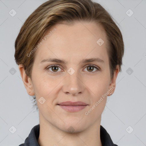 Joyful white young-adult female with short  brown hair and grey eyes