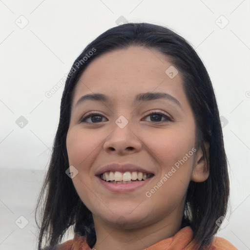 Joyful white young-adult female with medium  black hair and brown eyes