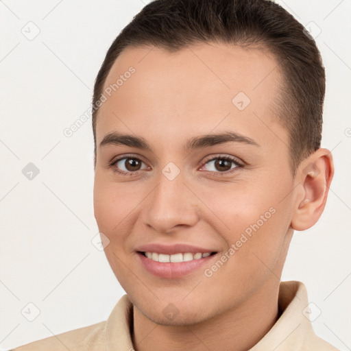 Joyful white young-adult female with short  brown hair and brown eyes