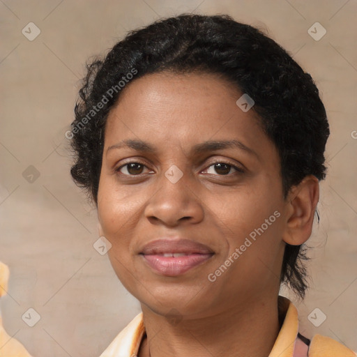 Joyful latino young-adult female with short  black hair and brown eyes