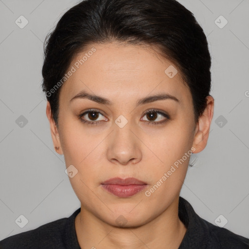 Neutral asian young-adult female with short  brown hair and brown eyes