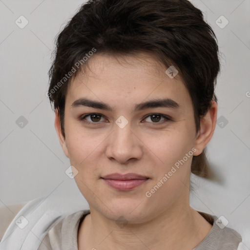 Joyful white young-adult female with short  brown hair and brown eyes