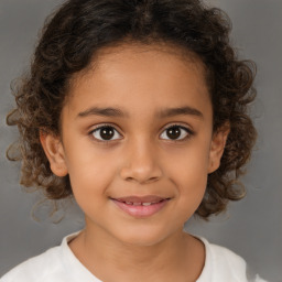 Joyful white child female with medium  brown hair and brown eyes