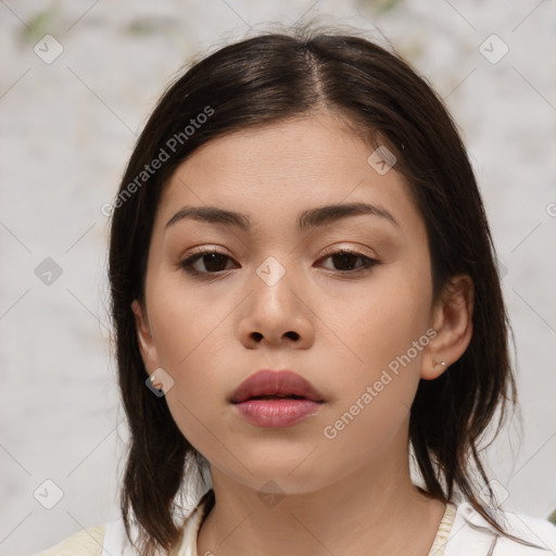 Neutral asian young-adult female with medium  brown hair and brown eyes