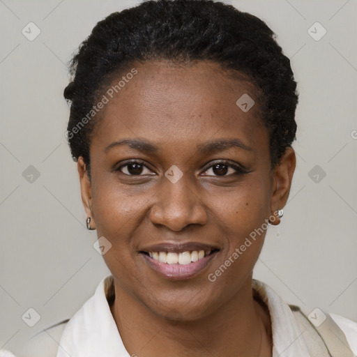 Joyful black young-adult female with short  black hair and brown eyes