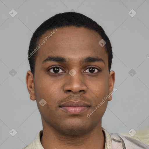 Neutral black young-adult male with short  black hair and brown eyes