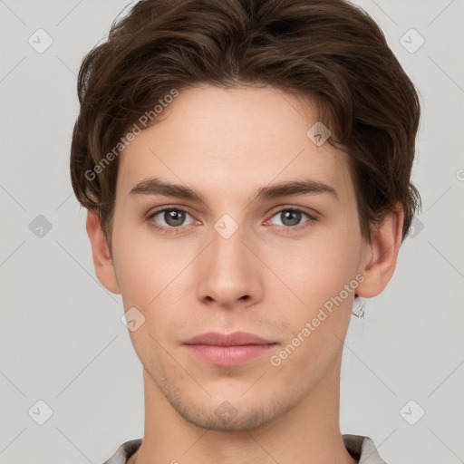 Neutral white young-adult male with short  brown hair and brown eyes