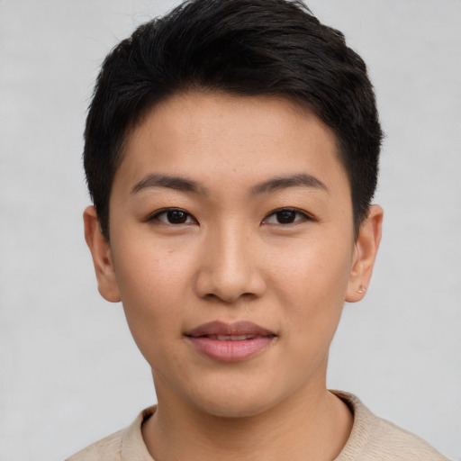 Joyful asian young-adult female with short  black hair and brown eyes