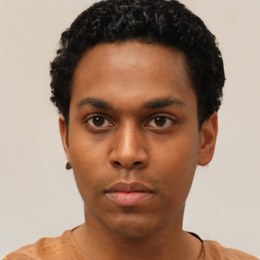 Neutral black young-adult male with short  black hair and brown eyes