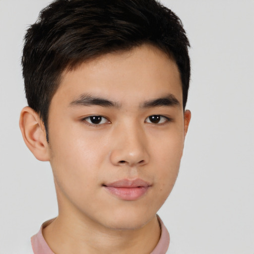 Neutral asian young-adult male with short  brown hair and brown eyes