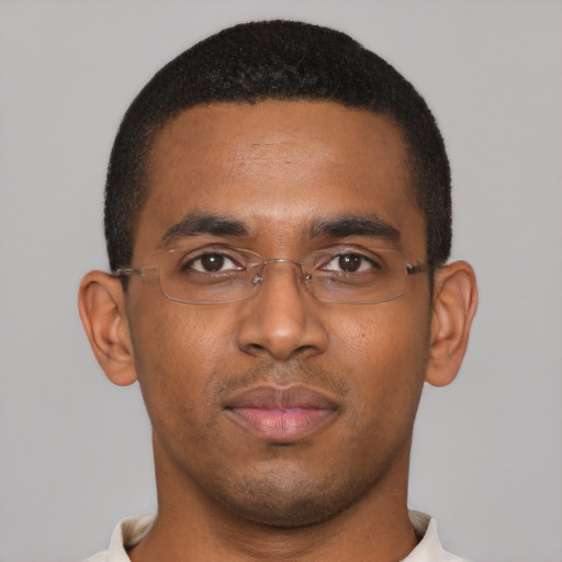 Neutral black young-adult male with short  black hair and brown eyes