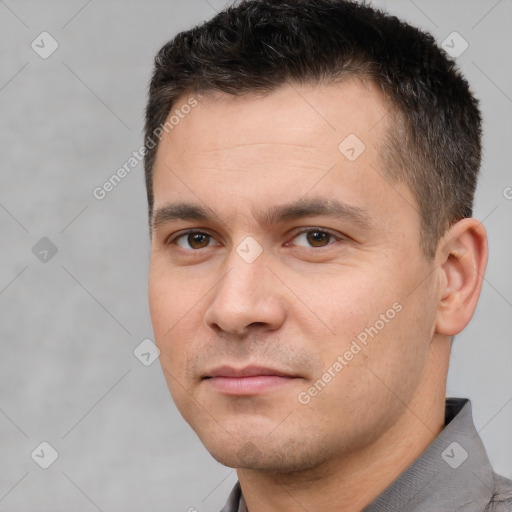 Neutral white young-adult male with short  brown hair and brown eyes