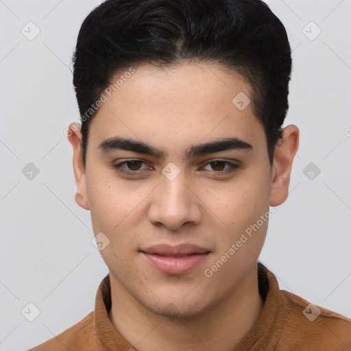 Joyful white young-adult male with short  brown hair and brown eyes