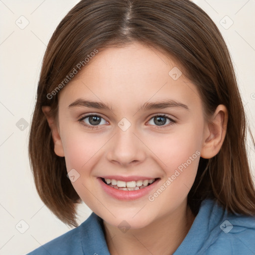 Joyful white child female with medium  brown hair and brown eyes