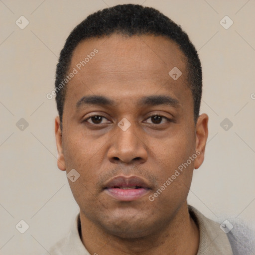 Neutral black young-adult male with short  black hair and brown eyes