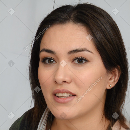 Neutral white young-adult female with medium  brown hair and brown eyes