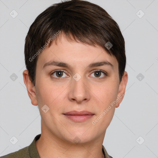 Joyful white young-adult female with short  brown hair and brown eyes