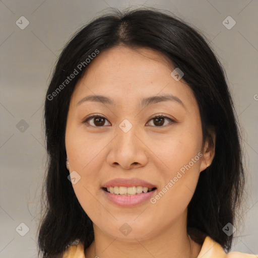 Joyful white young-adult female with medium  brown hair and brown eyes