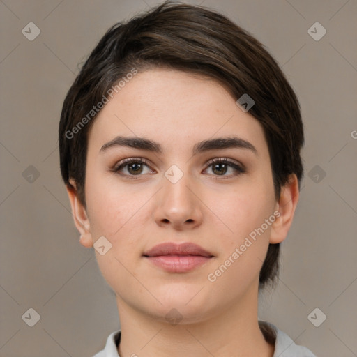 Neutral white young-adult female with medium  brown hair and brown eyes