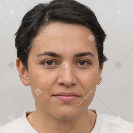 Joyful white young-adult female with short  brown hair and brown eyes