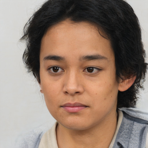 Neutral asian young-adult female with medium  brown hair and brown eyes
