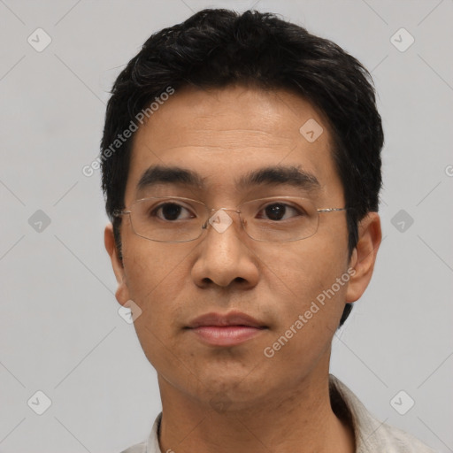 Neutral asian young-adult male with short  black hair and brown eyes