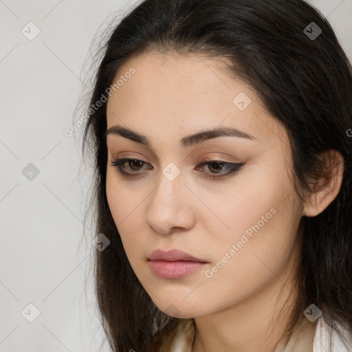 Neutral white young-adult female with long  brown hair and brown eyes