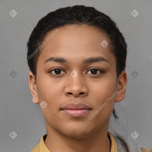 Neutral black young-adult female with short  brown hair and brown eyes