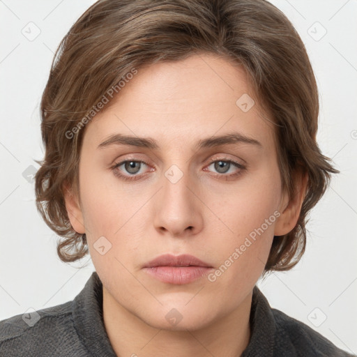 Neutral white young-adult female with medium  brown hair and grey eyes