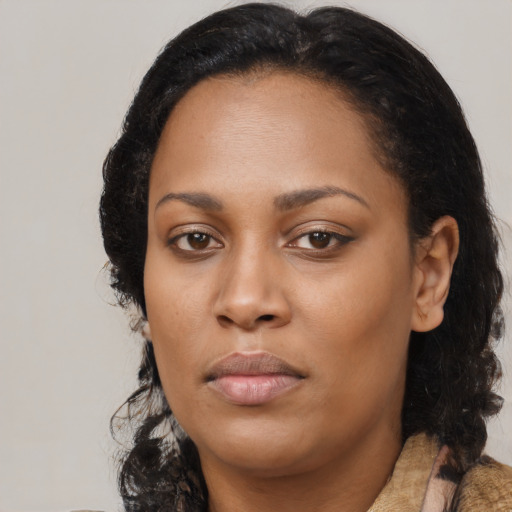 Neutral black young-adult female with medium  brown hair and brown eyes
