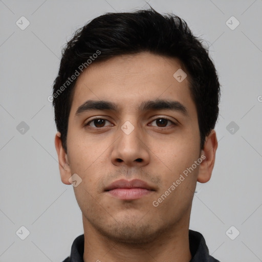 Neutral latino young-adult male with short  black hair and brown eyes