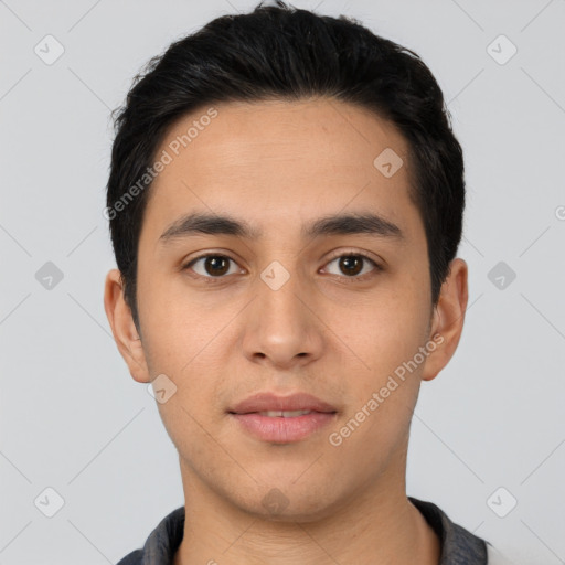 Neutral latino young-adult male with short  black hair and brown eyes