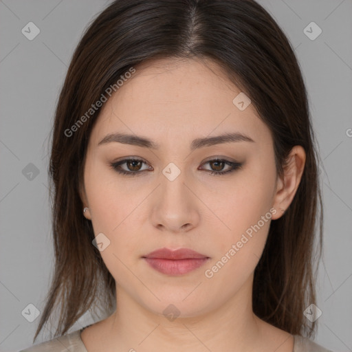 Neutral white young-adult female with medium  brown hair and brown eyes