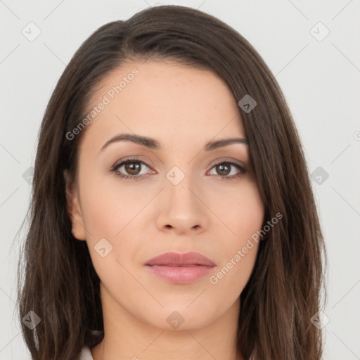 Neutral white young-adult female with long  brown hair and brown eyes