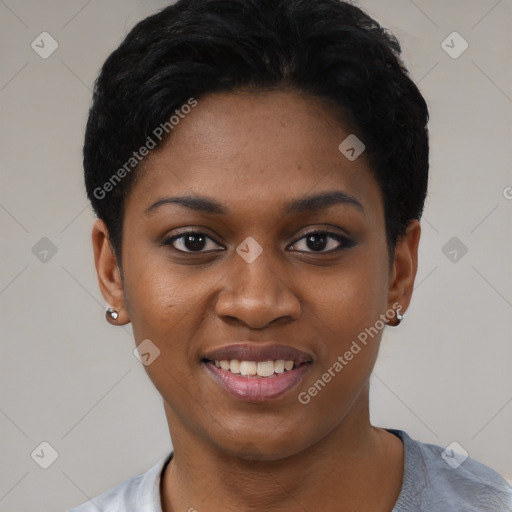 Joyful black young-adult female with short  black hair and brown eyes