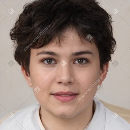 Joyful white young-adult male with medium  brown hair and brown eyes