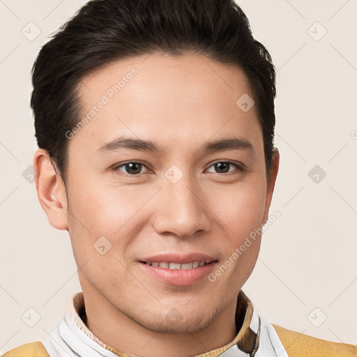 Joyful white young-adult male with short  brown hair and brown eyes