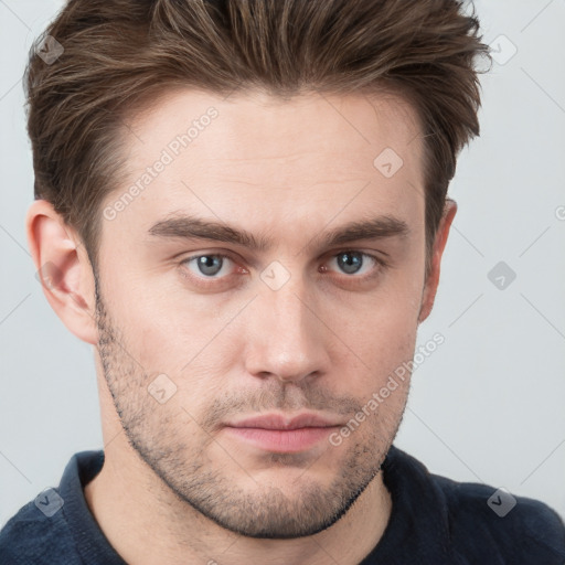 Neutral white young-adult male with short  brown hair and grey eyes