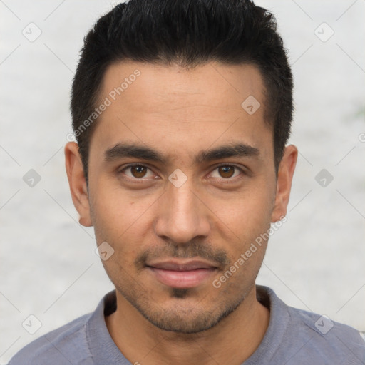 Joyful asian young-adult male with short  black hair and brown eyes