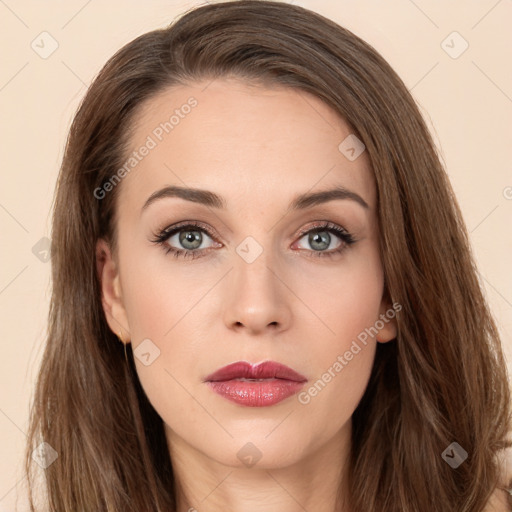 Neutral white young-adult female with long  brown hair and brown eyes