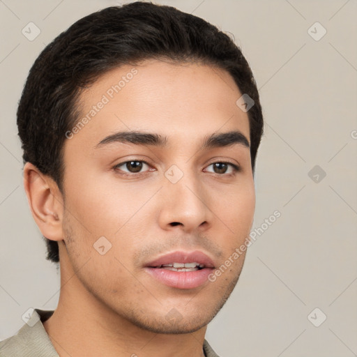 Neutral white young-adult male with short  brown hair and brown eyes