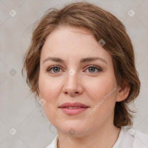 Joyful white young-adult female with medium  brown hair and grey eyes