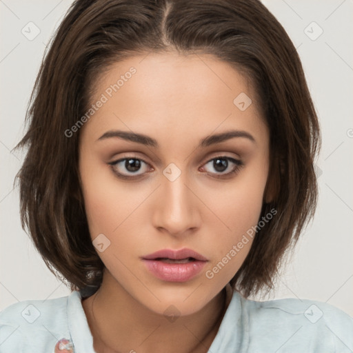 Neutral white young-adult female with medium  brown hair and brown eyes