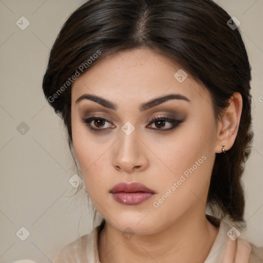 Neutral asian young-adult female with medium  brown hair and brown eyes