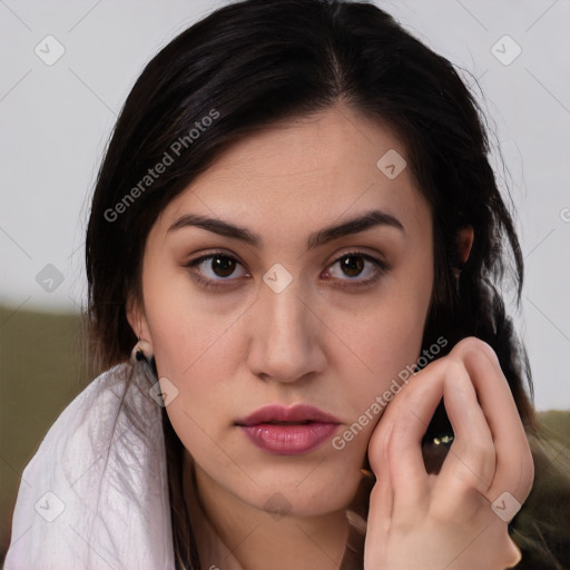 Neutral white young-adult female with long  brown hair and brown eyes